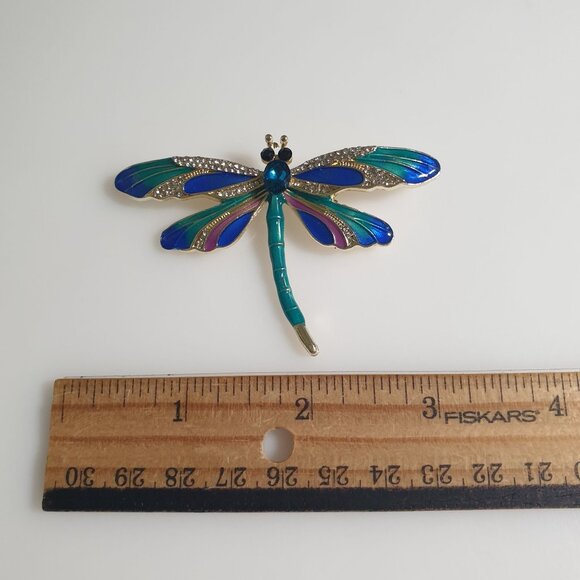 Colorful Dragonfly Brooch Rhinestone Accents Enamel Wings Multicolor Insect Gift - Picture 2 of 4